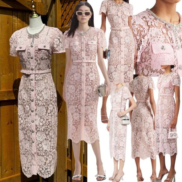 Self-Portrait Dresses & Skirts - 🆕 SELF-PORTRAIT 🧿 BNWOT Pink Lace Diamante Bow Midi Dress, Sz US 4 / UK 8
